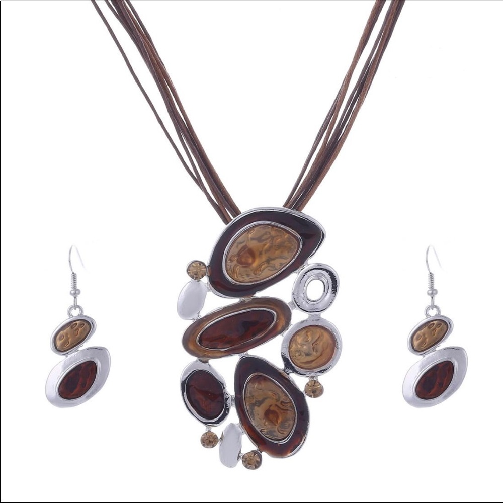 Leather Amber Necklace And Matching Earrings Set